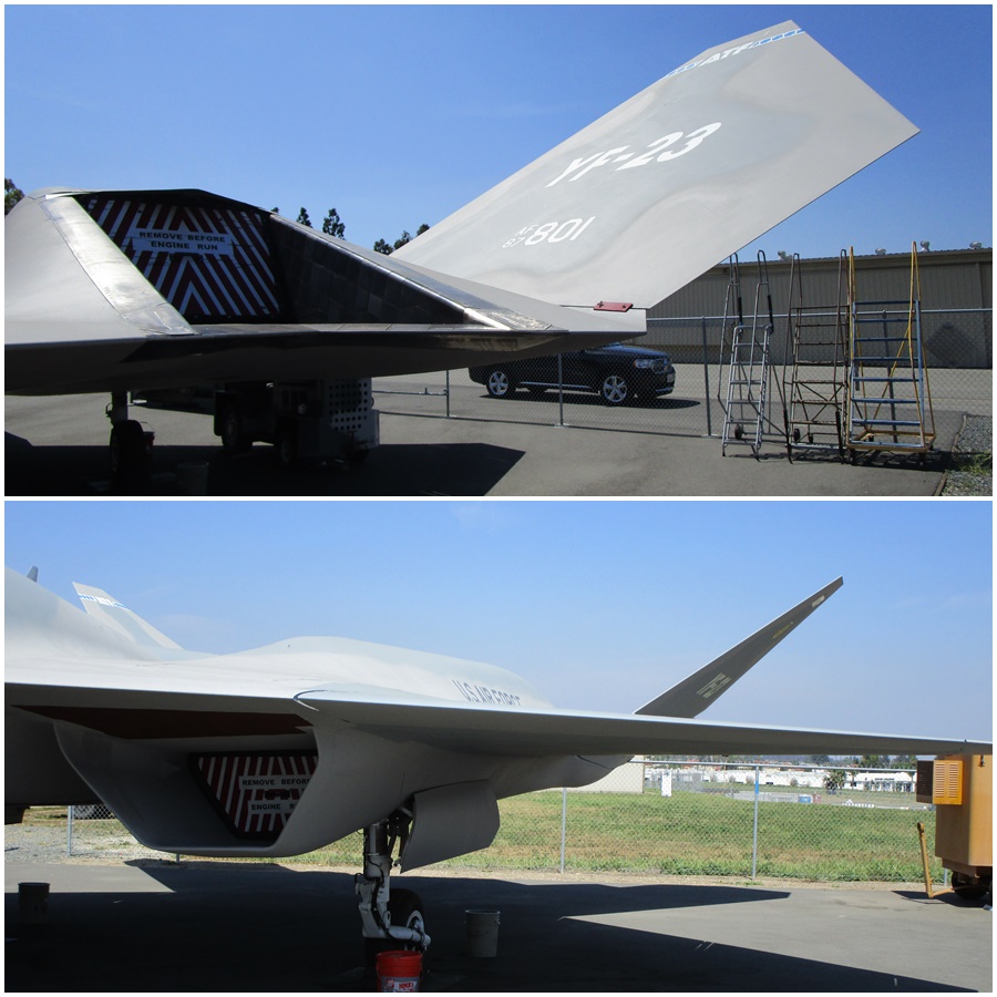 The Northrop-McDonnell Douglas YF-23A Black Widow II featured fixed engine nozzles without vector thrust but had a unique engine heat diffusing system of special heat abating tiles around exhaust ports that sat well forward and atop of the fuselage and intake S-ducts to shield engine axial compressors from radar detection - YF-23A 87-0801 (N232YF) 