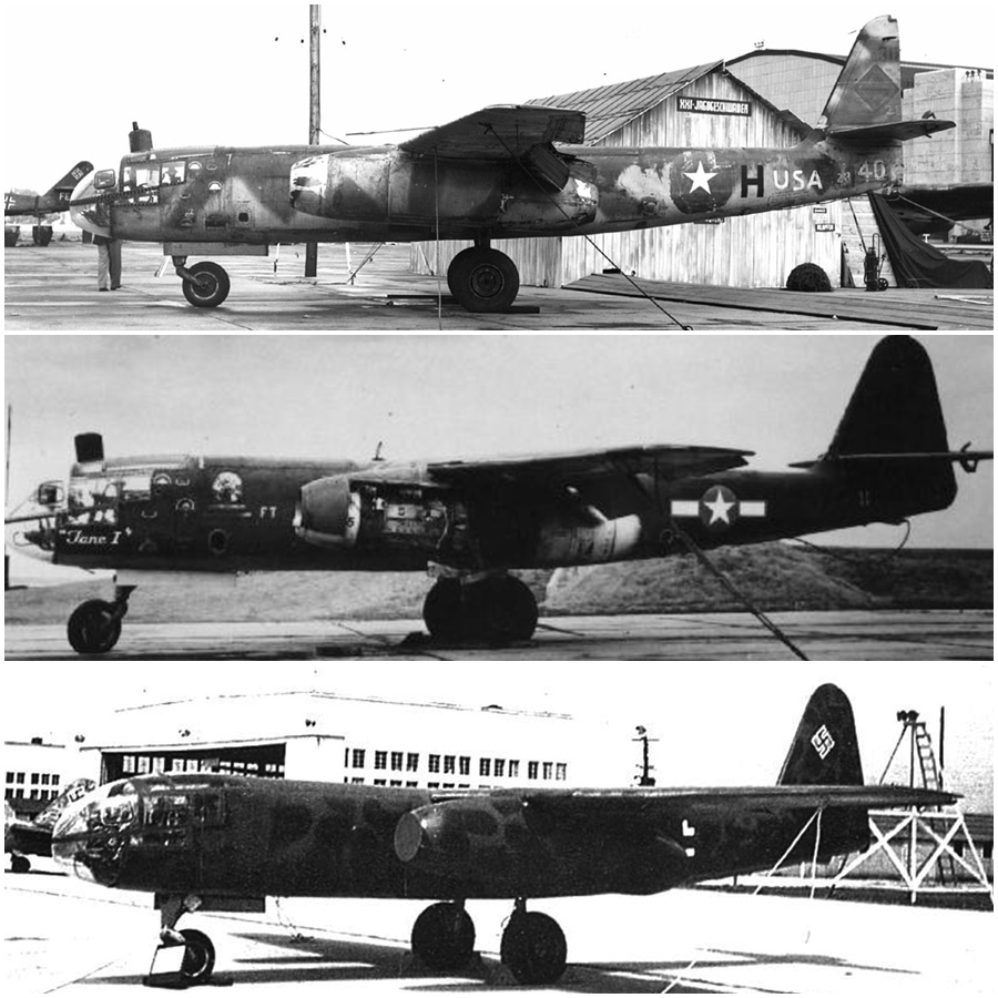 Captured Arado Ar 234 aircraft in USAAF hands including examples in Norway in 1945 and Freeman Field in the United States in 1946 (USAAF Photos)