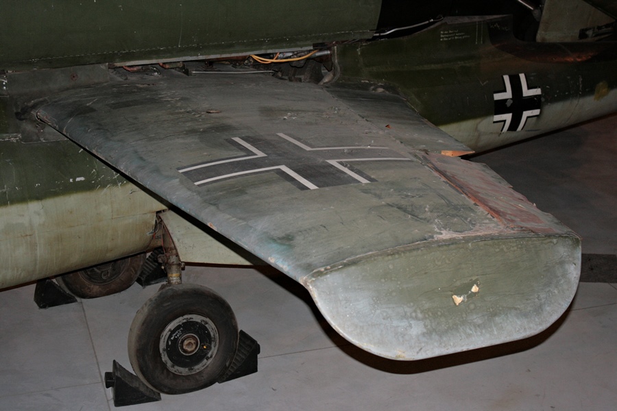 The notable anhedraled aluminium downward wingtips to improve stability of the He 162A - Canadian Aviation and Space Museum in Ottawa, Ontario (2013)
