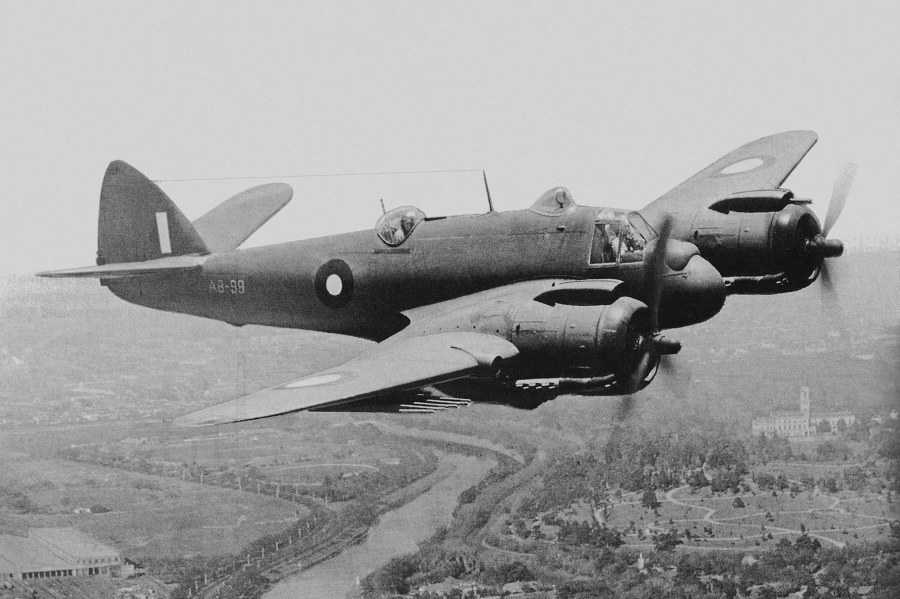 RAAF DAP Beaufighter Mk.21 (A8-99) over Melbourne in 1944. This aircraft served with No. 22 Squadron from January 1945 until damaged upon take-off on Morotai Island in the Dutch East Indies in September 1945. It was converted to parts in November 1945 (RAAF Photo)