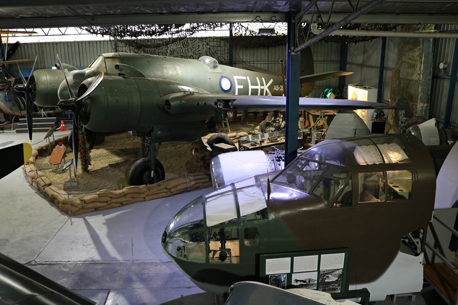 RAAF Department of Aircraft Production (DAP licence built Bristol) Mk.21 Beaufighter (A8-328) heavy fighter and Beaufort (A9-13) torpedo bomber nose section — at The Australian National Aviation Museum (May 2019)