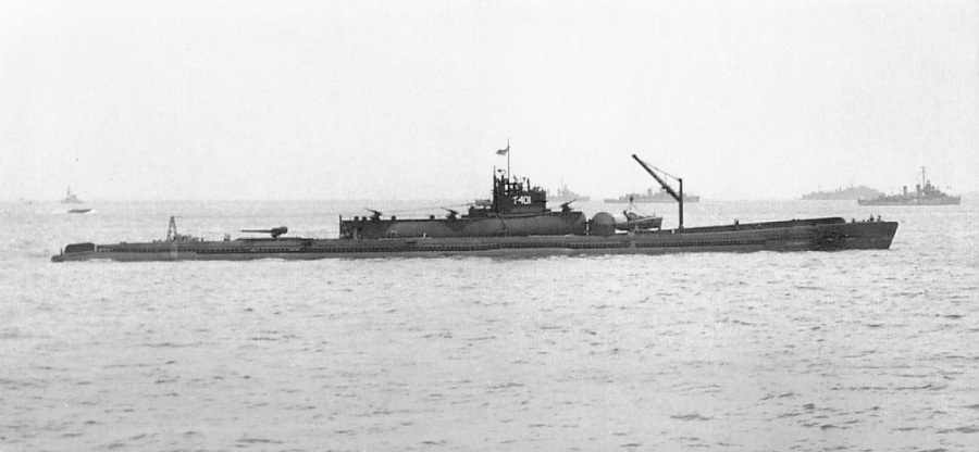 Imperial Japanese Navy submarine I-401 with the large aircraft hangar evident on the deck